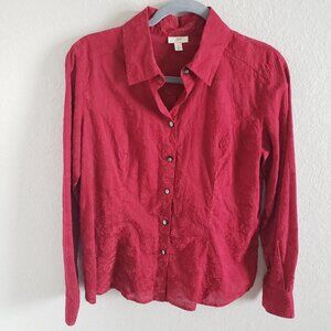 J.Jill Woman Size S Red Flocked Burnout Floral Print Blouse Button Up Collared